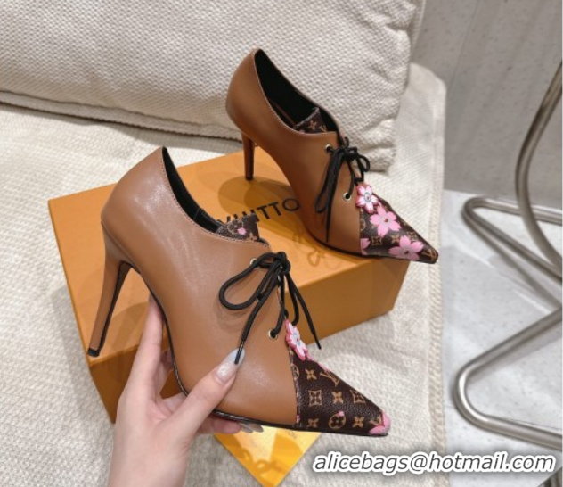 Cheap Price Louis Vuitton LV x TM Monogram Canvas and Leather Laced-up Pumps 9cm Brown LV102203 1022027