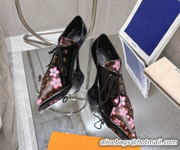 Stylish Louis Vuitton LV x TM Monogram Canvas and Patent Leather Laced-up Pumps 9cm Black LV102203 1022028