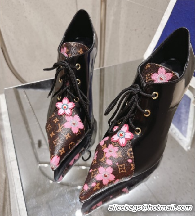 Stylish Louis Vuitton LV x TM Monogram Canvas and Patent Leather Laced-up Pumps 9cm Black LV102203 1022028