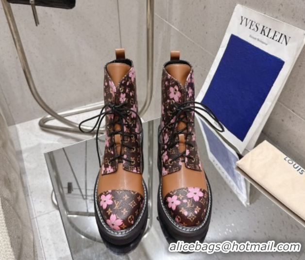 Sophisticated Louis Vuitton LV x TM Monogram Canvas and Leather Laced-up Ankle Boots Brown/Cherry Pink LV102204 1022029