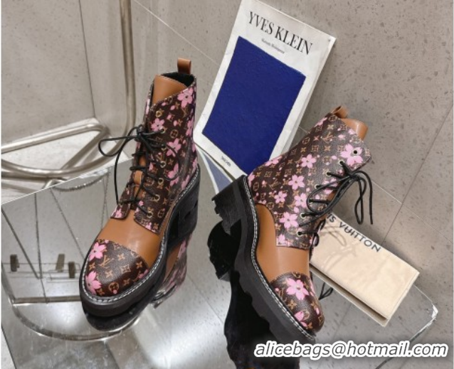 Sophisticated Louis Vuitton LV x TM Monogram Canvas and Leather Laced-up Ankle Boots Brown/Cherry Pink LV102204 1022029