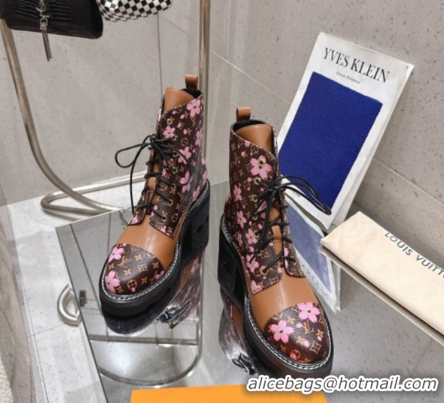 Sophisticated Louis Vuitton LV x TM Monogram Canvas and Leather Laced-up Ankle Boots Brown/Cherry Pink LV102204 1022029