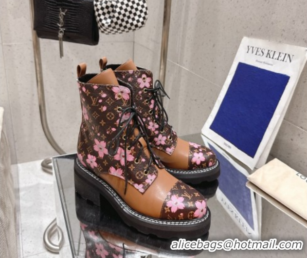 Sophisticated Louis Vuitton LV x TM Monogram Canvas and Leather Laced-up Ankle Boots Brown/Cherry Pink LV102204 1022029