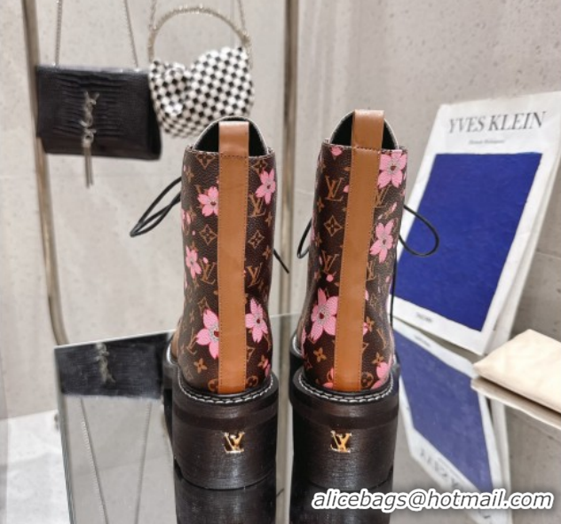 Sophisticated Louis Vuitton LV x TM Monogram Canvas and Leather Laced-up Ankle Boots Brown/Cherry Pink LV102204 1022029