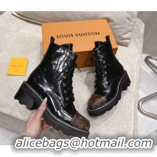Duplicate Louis Vuitton Monogram Canvas and Patent Leather Laced-up Ankle Boots Black LV102204 1022031