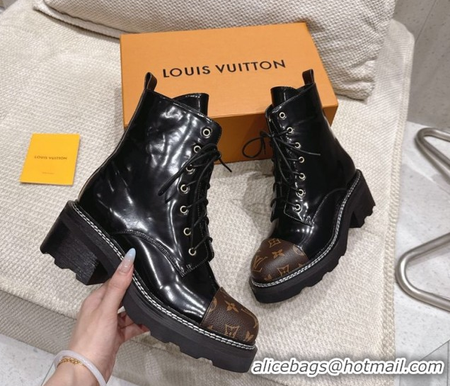 Duplicate Louis Vuitton Monogram Canvas and Patent Leather Laced-up Ankle Boots Black LV102204 1022031