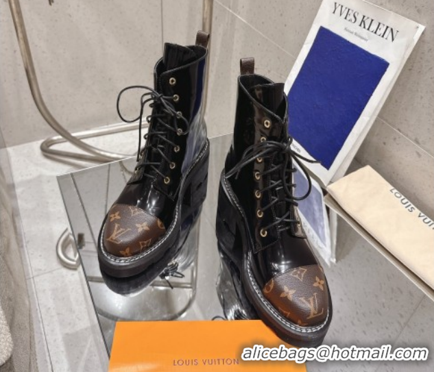 Duplicate Louis Vuitton Monogram Canvas and Patent Leather Laced-up Ankle Boots Black LV102204 1022031