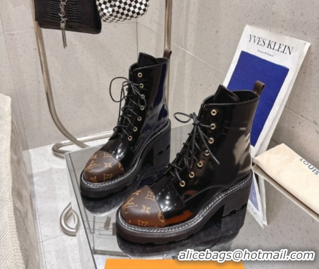 Duplicate Louis Vuitton Monogram Canvas and Patent Leather Laced-up Ankle Boots Black LV102204 1022031