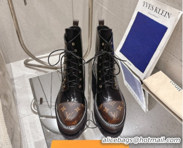 Duplicate Louis Vuitton Monogram Canvas and Patent Leather Laced-up Ankle Boots Black LV102204 1022031