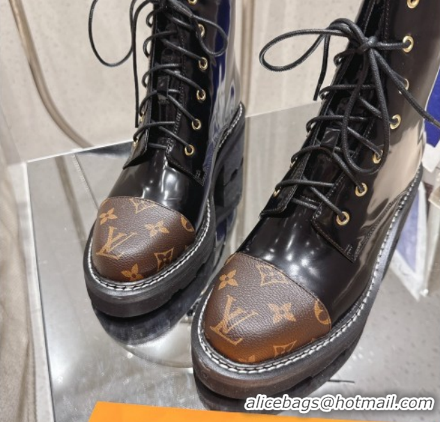 Duplicate Louis Vuitton Monogram Canvas and Patent Leather Laced-up Ankle Boots Black LV102204 1022031