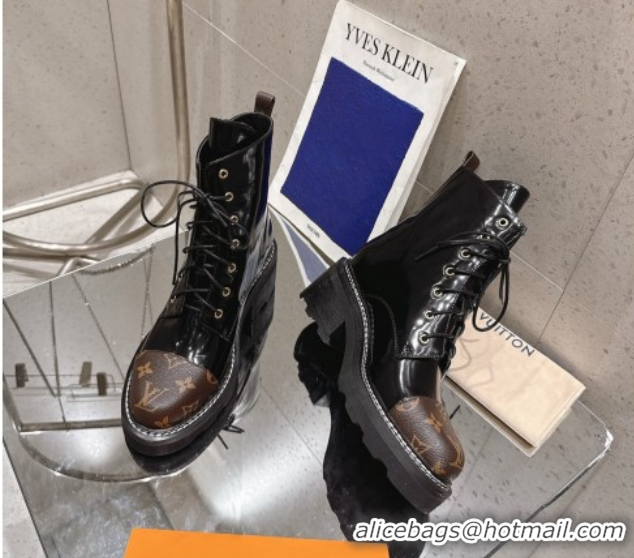 Duplicate Louis Vuitton Monogram Canvas and Patent Leather Laced-up Ankle Boots Black LV102204 1022031