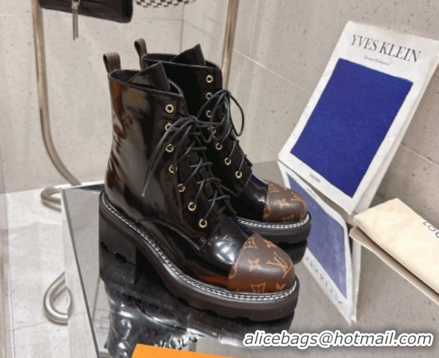 Duplicate Louis Vuitton Monogram Canvas and Patent Leather Laced-up Ankle Boots Black LV102204 1022031