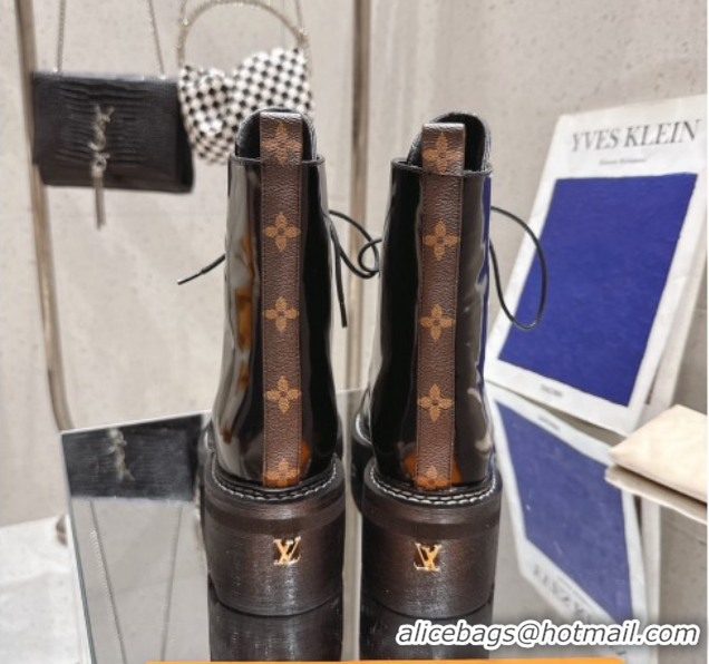 Duplicate Louis Vuitton Monogram Canvas and Patent Leather Laced-up Ankle Boots Black LV102204 1022031