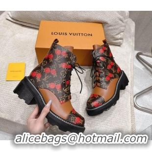 Classic Hot Louis Vuitton LV x TM Monogram Canvas and Leather Laced-up Ankle Boots Brown/Cherry Red LV102204 1022032