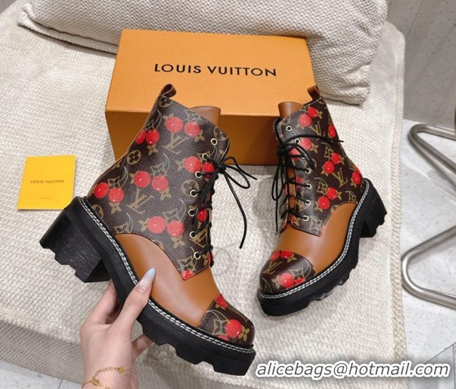 Classic Hot Louis Vuitton LV x TM Monogram Canvas and Leather Laced-up Ankle Boots Brown/Cherry Red LV102204 1022032