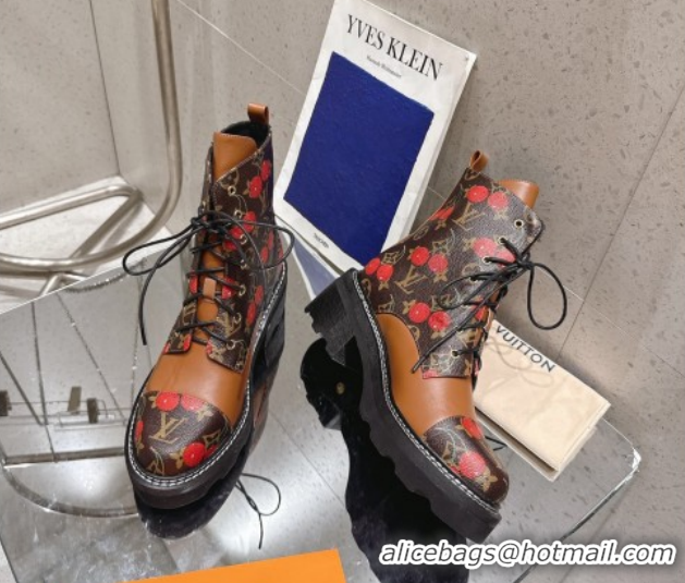 Classic Hot Louis Vuitton LV x TM Monogram Canvas and Leather Laced-up Ankle Boots Brown/Cherry Red LV102204 1022032