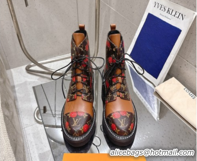 Classic Hot Louis Vuitton LV x TM Monogram Canvas and Leather Laced-up Ankle Boots Brown/Cherry Red LV102204 1022032