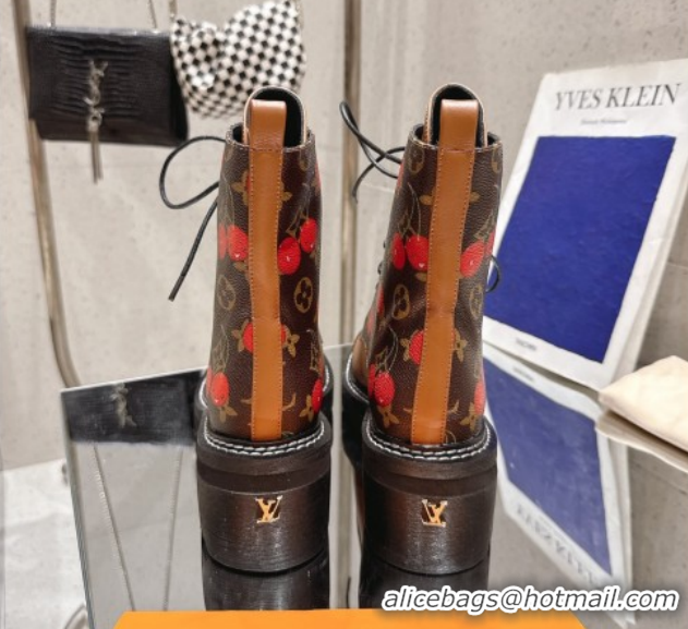 Classic Hot Louis Vuitton LV x TM Monogram Canvas and Leather Laced-up Ankle Boots Brown/Cherry Red LV102204 1022032