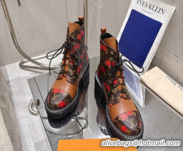 Classic Hot Louis Vuitton LV x TM Monogram Canvas and Leather Laced-up Ankle Boots Brown/Cherry Red LV102204 1022032