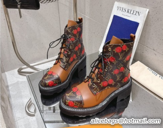 Classic Hot Louis Vuitton LV x TM Monogram Canvas and Leather Laced-up Ankle Boots Brown/Cherry Red LV102204 1022032