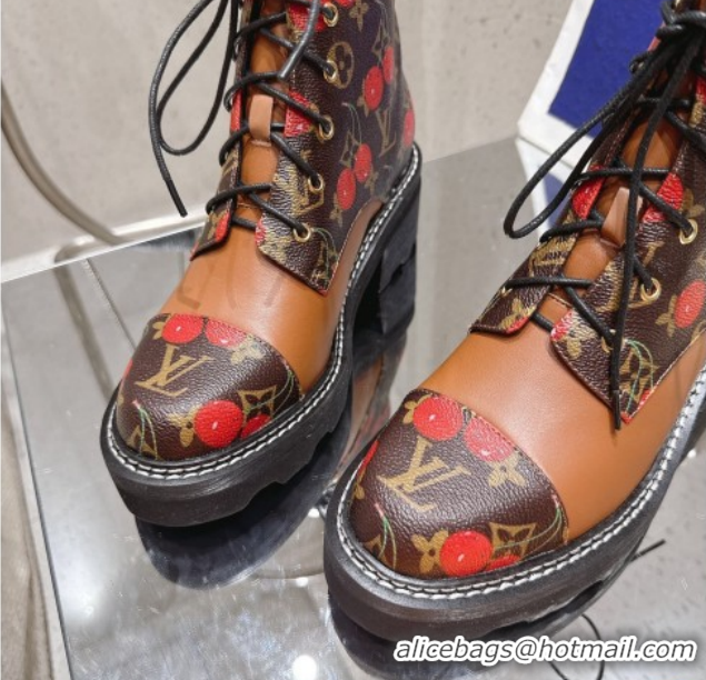 Classic Hot Louis Vuitton LV x TM Monogram Canvas and Leather Laced-up Ankle Boots Brown/Cherry Red LV102204 1022032