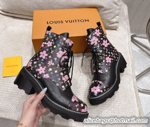 Grade Quality Louis Vuitton LV x TM Monogram Canvas and Leather Laced-up Ankle Boots Black LV102204 1022034
