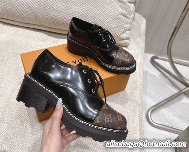 Most Popular Louis Vuitton Monogram Canvas and Patent Leather Laced-up Shoes Black LV102204 1022038