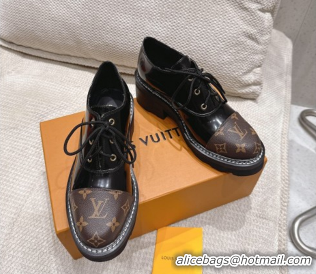Most Popular Louis Vuitton Monogram Canvas and Patent Leather Laced-up Shoes Black LV102204 1022038