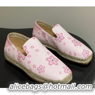 Top Grade Louis Vuitton LV x TM Cherry Blossom Printed Monogram Leather Flat Espadrilles Light Pink LV102205 1022042