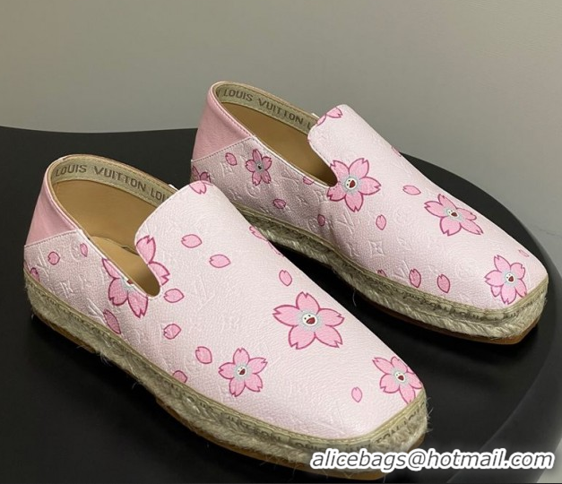 Top Grade Louis Vuitton LV x TM Cherry Blossom Printed Monogram Leather Flat Espadrilles Light Pink LV102205 1022042