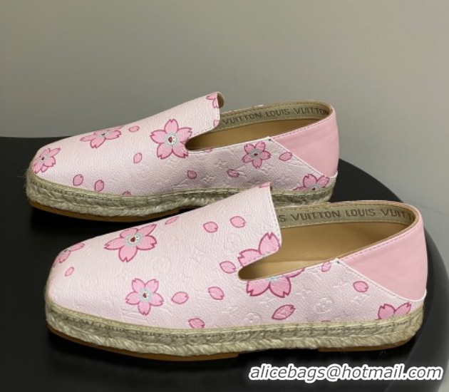 Top Grade Louis Vuitton LV x TM Cherry Blossom Printed Monogram Leather Flat Espadrilles Light Pink LV102205 1022042