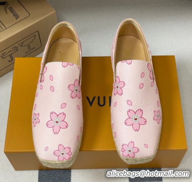 Top Grade Louis Vuitton LV x TM Cherry Blossom Printed Monogram Leather Flat Espadrilles Light Pink LV102205 1022042