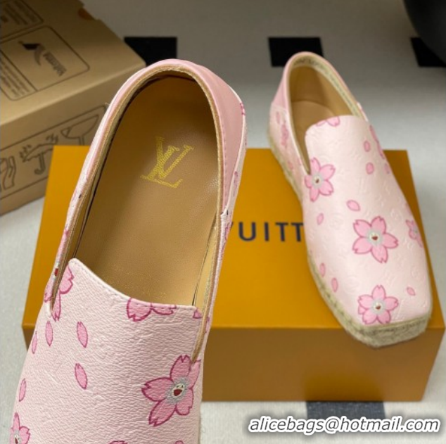 Top Grade Louis Vuitton LV x TM Cherry Blossom Printed Monogram Leather Flat Espadrilles Light Pink LV102205 1022042