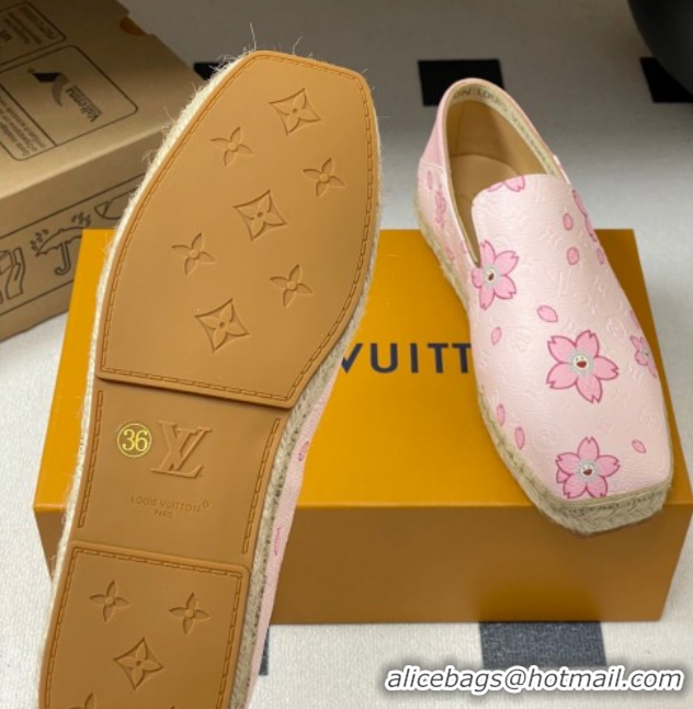 Top Grade Louis Vuitton LV x TM Cherry Blossom Printed Monogram Leather Flat Espadrilles Light Pink LV102205 1022042