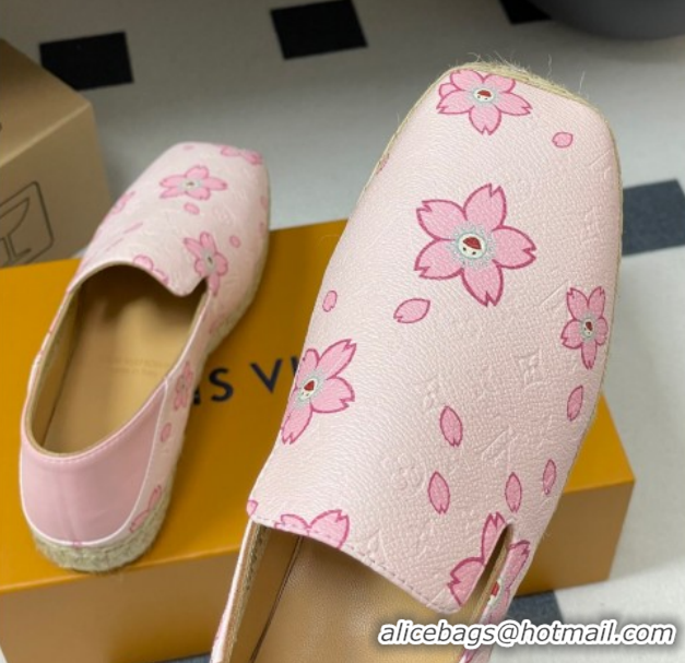 Top Grade Louis Vuitton LV x TM Cherry Blossom Printed Monogram Leather Flat Espadrilles Light Pink LV102205 1022042