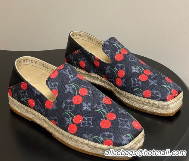 Shop Duplicate Louis Vuitton LV x TM Cerise Cherry Printed Denim Flat Espadrilles Black LV102205 1022043