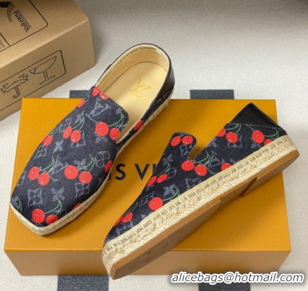 Shop Duplicate Louis Vuitton LV x TM Cerise Cherry Printed Denim Flat Espadrilles Black LV102205 1022043