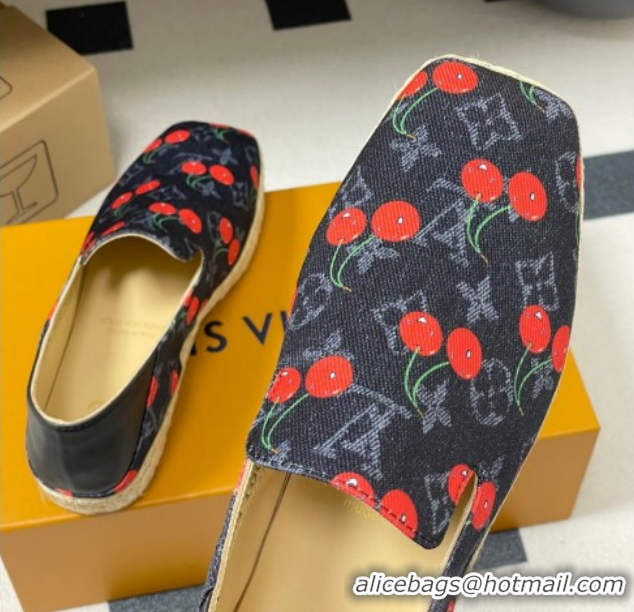 Shop Duplicate Louis Vuitton LV x TM Cerise Cherry Printed Denim Flat Espadrilles Black LV102205 1022043