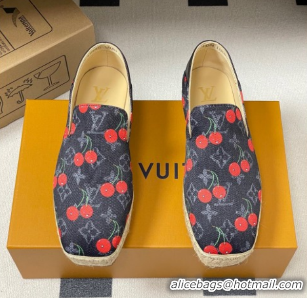 Shop Duplicate Louis Vuitton LV x TM Cerise Cherry Printed Denim Flat Espadrilles Black LV102205 1022043
