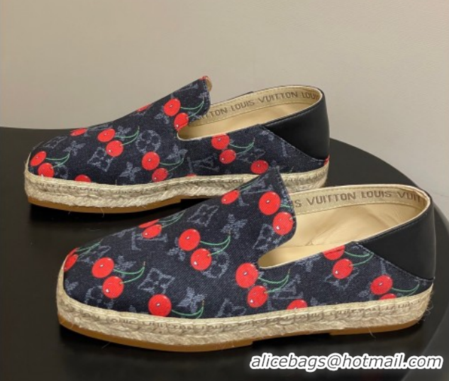 Shop Duplicate Louis Vuitton LV x TM Cerise Cherry Printed Denim Flat Espadrilles Black LV102205 1022043