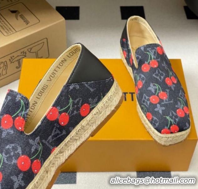 Shop Duplicate Louis Vuitton LV x TM Cerise Cherry Printed Denim Flat Espadrilles Black LV102205 1022043