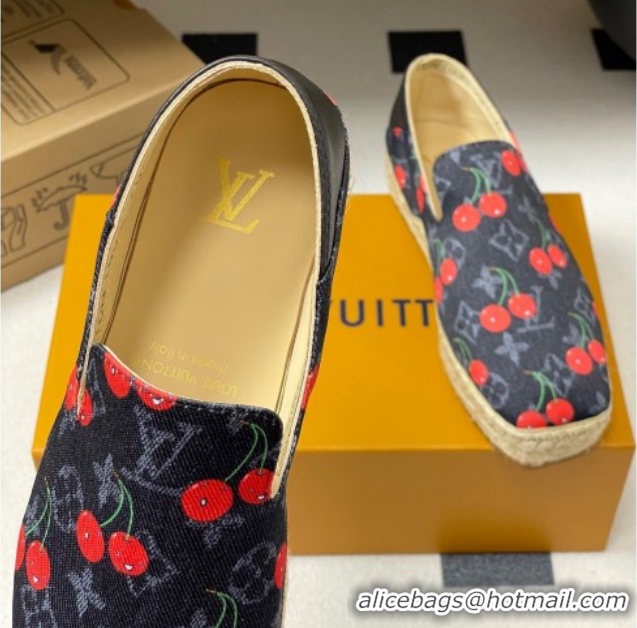 Shop Duplicate Louis Vuitton LV x TM Cerise Cherry Printed Denim Flat Espadrilles Black LV102205 1022043