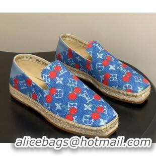 Best Product Louis Vuitton LV x TM Cerise Cherry Printed Denim Flat Espadrilles Blue LV102205 1022044