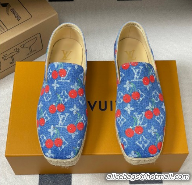 Best Product Louis Vuitton LV x TM Cerise Cherry Printed Denim Flat Espadrilles Blue LV102205 1022044