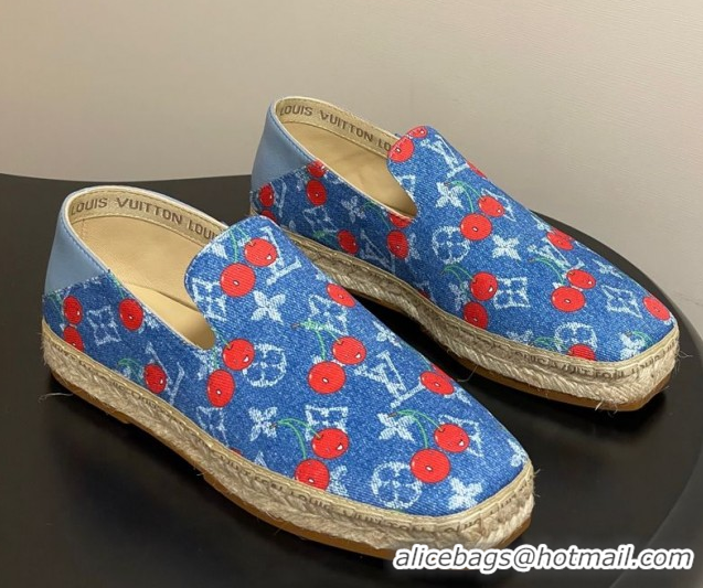 Best Product Louis Vuitton LV x TM Cerise Cherry Printed Denim Flat Espadrilles Blue LV102205 1022044