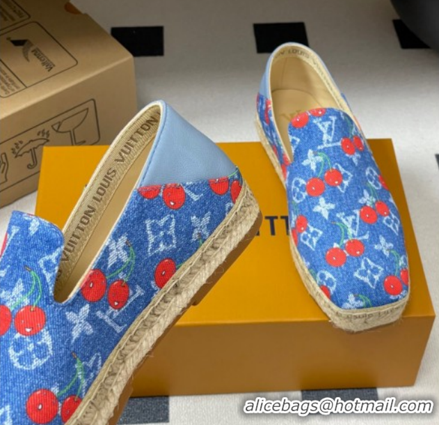 Best Product Louis Vuitton LV x TM Cerise Cherry Printed Denim Flat Espadrilles Blue LV102205 1022044