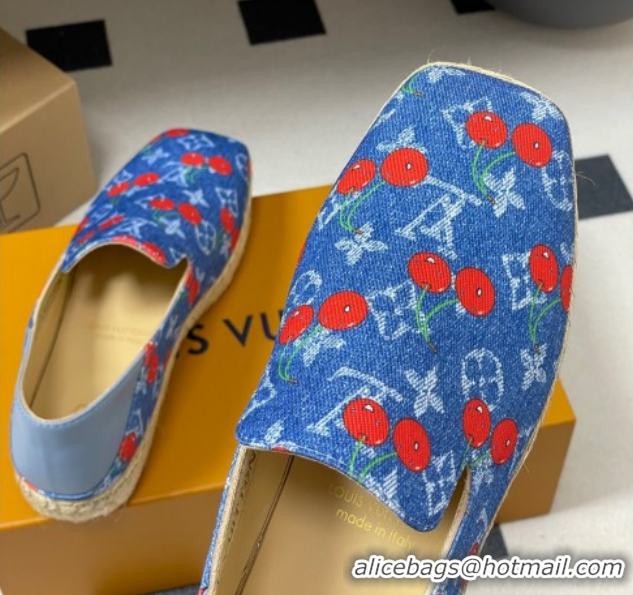Best Product Louis Vuitton LV x TM Cerise Cherry Printed Denim Flat Espadrilles Blue LV102205 1022044