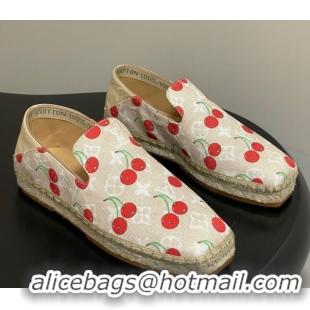 Unique Style Louis Vuitton LV x TM Cerise Cherry Printed Denim Flat Espadrilles Beige LV102205 1022045