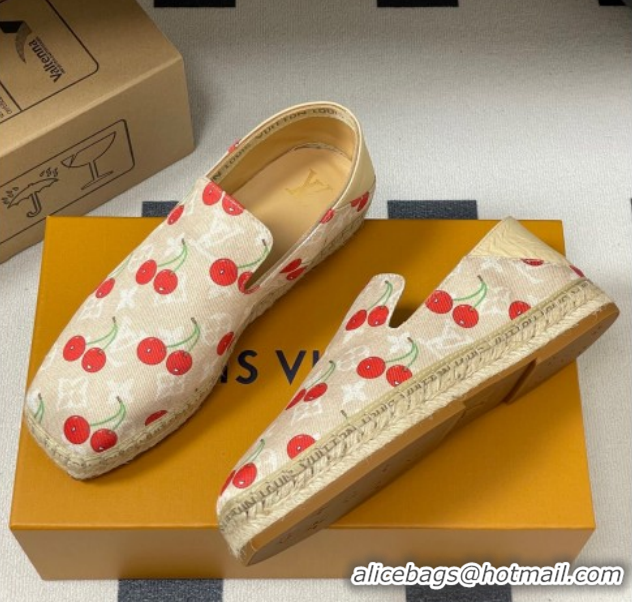Unique Style Louis Vuitton LV x TM Cerise Cherry Printed Denim Flat Espadrilles Beige LV102205 1022045