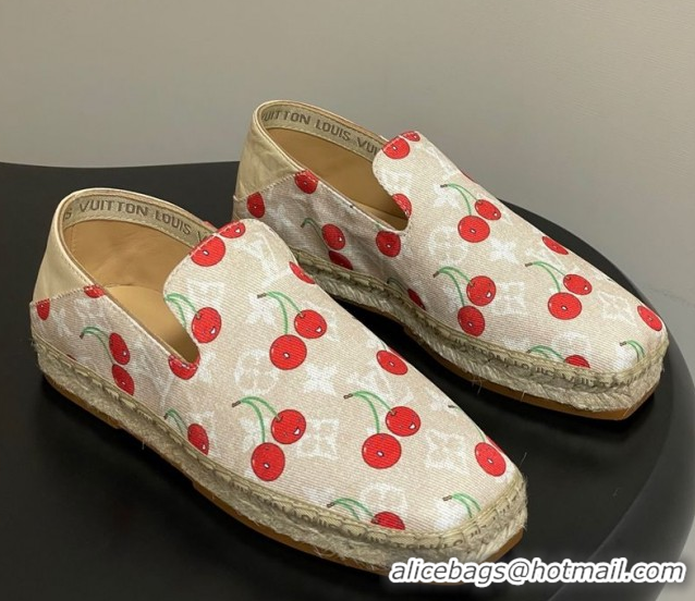 Unique Style Louis Vuitton LV x TM Cerise Cherry Printed Denim Flat Espadrilles Beige LV102205 1022045
